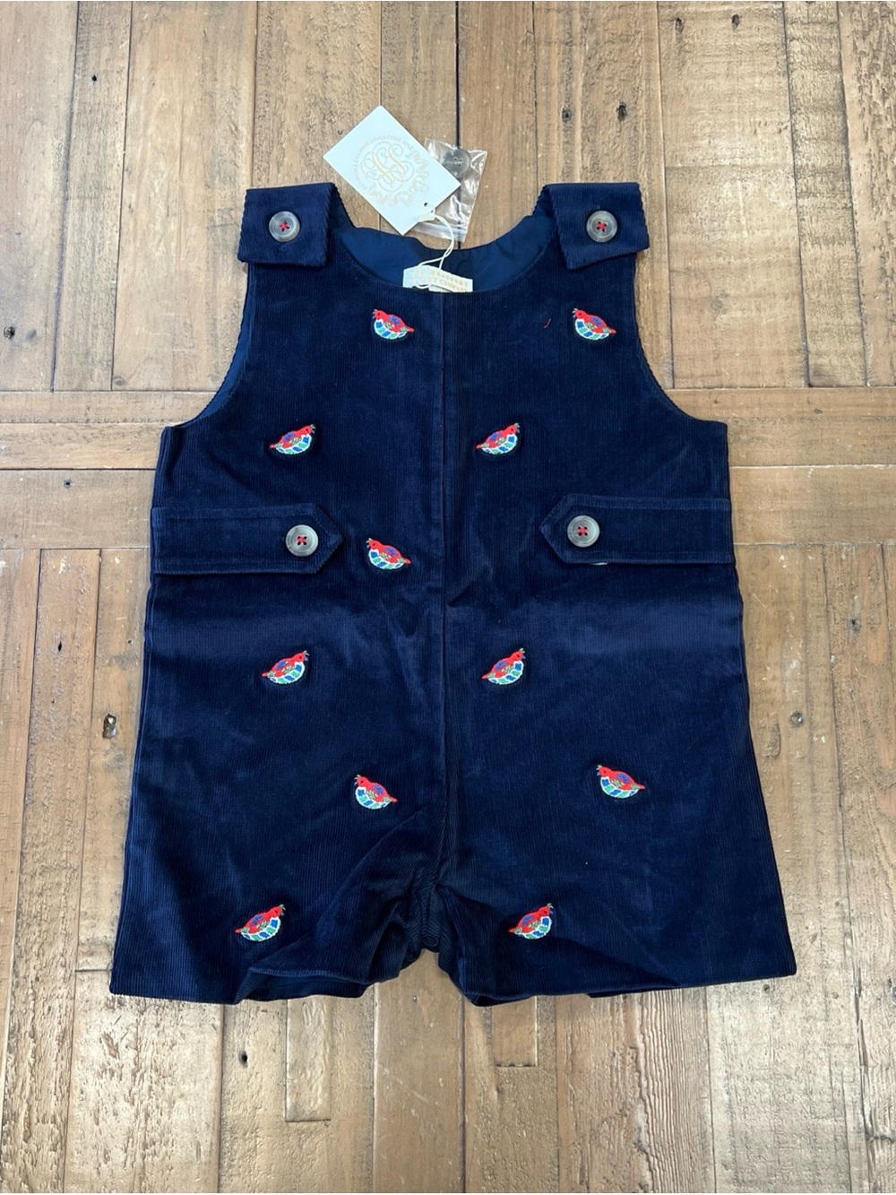 The Beaufort Bonnet Company Critter Jack Keene Corduroy Romper 2T Quail Navy New